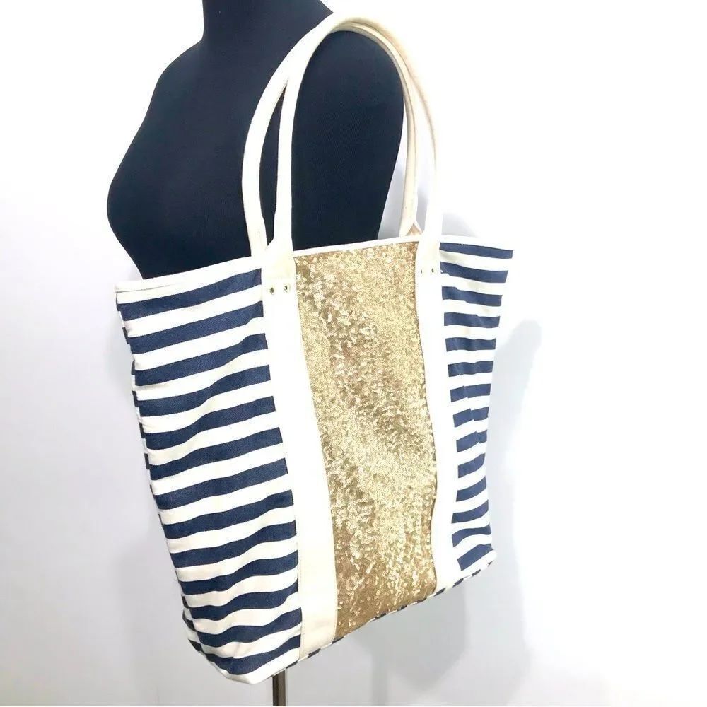 Deux Lux X Everything But Water Navy Blue Gold Sequin Nautical Canvas Tote Bag